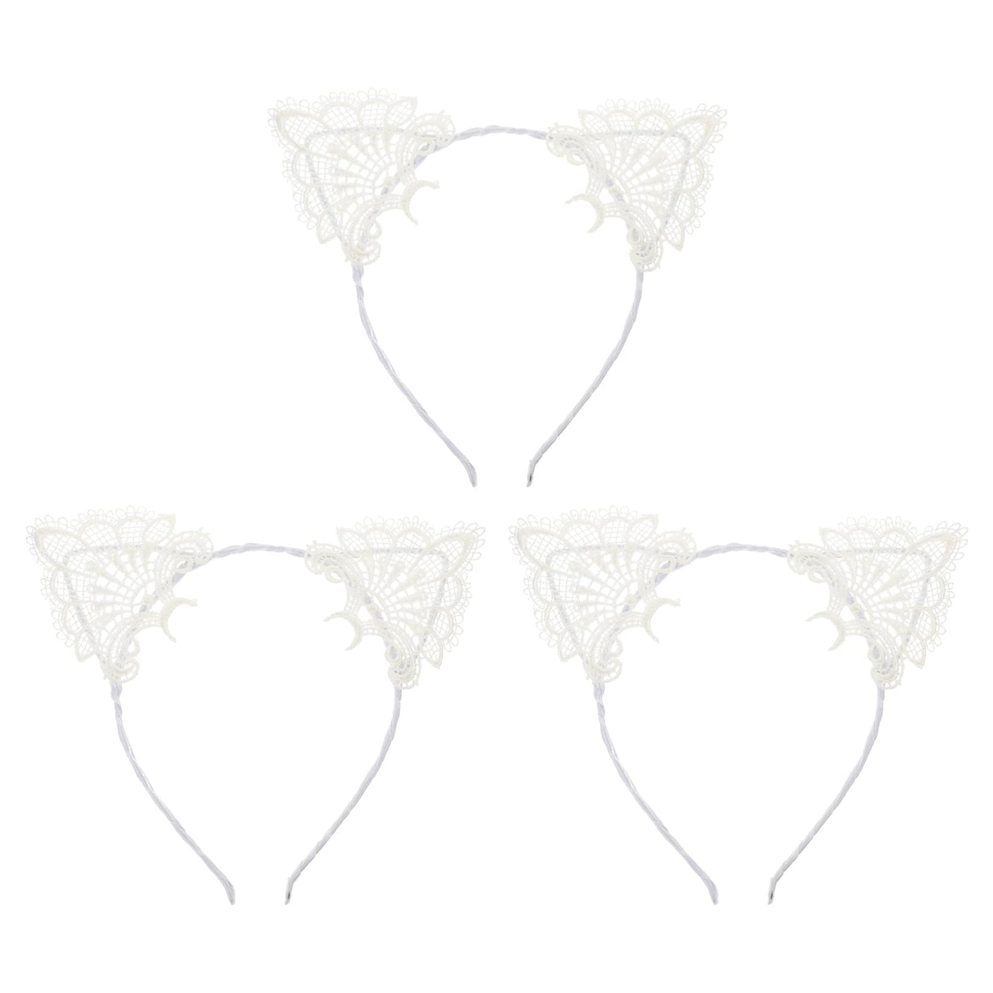 3pcs Cat Ear Headbands Hollow Lace Design Hair Bands Hallowen Cosplay Costume for Women White