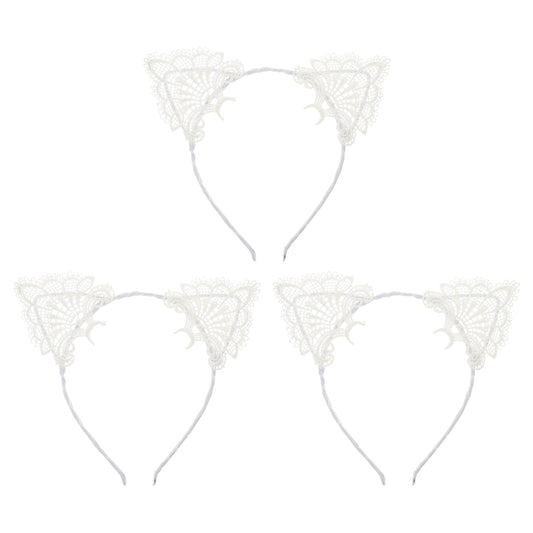 3pcs Cat Ear Headbands Hollow Lace Design Hair Bands Hallowen Cosplay Costume for Women White