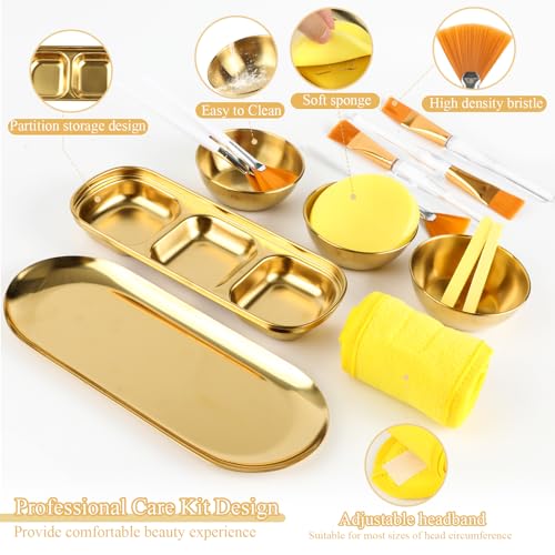 26 Pcs Esthetician Supplies 3 Gold Mixing Bowls Gold Small Serving Tray 3 Compartment Serving Tray 3 Facial Fan Brushes 3 Face Mask Applicator Brush 12 Facial Sponge Compressed Round 3 Hair Band