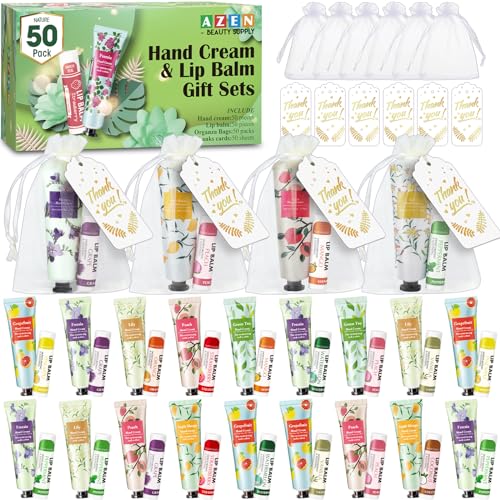 AZEN 50 Sets Bulk Gifts, Hand Cream and Lip Balm Bulk Set with Organza Bag Thank You Card, Baby Shower Wedding Gifts for Guests, Bridal Wedding Favors, Valentines Gift for Women