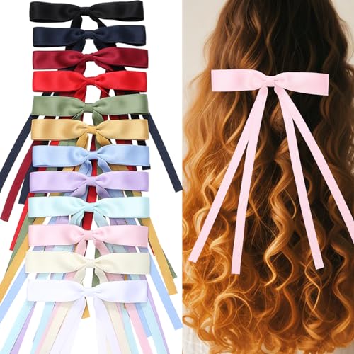 Slevaty Hair Bows Set: 12 PCS Ribbon Bowknot Clips and Barrettes with Long Tails for Women and Girls (12 Color Mixing)