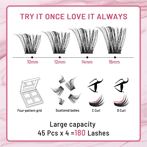 Lash Clusters 180 Pcs Cluster Lashes DIY Individual Lashes Fluffy Cluster Eyelash Extension Eyelash and Mirror 2 in 1 Easy to Apply at home Lashes (Tender,D-10-16mix)