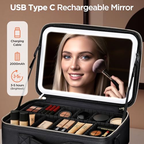 IPOW Travel Makeup Bag with LED Mirror, 3 Adjustable Light Settings, Customizable Dividers, Portable Travel Organizer, USB Charging,Black, Large
