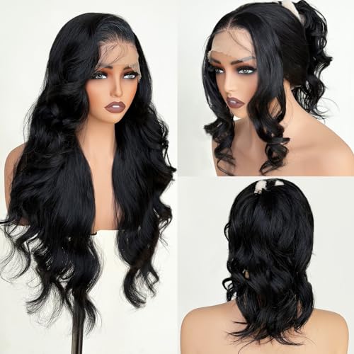 Black Glueless Wigs for White Women 26 Inch Pre Layered Body Wave Synthetic lace front Wigs - Pre Plucked 13¡¿6 HD Lace Front Synthetic Wig Pre Plucked with Tiny Knots Natural Hairline Wear and Go
