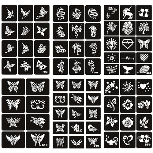 Butterfly Flower Dragon Temporary Tattoo Stencils - 6 Sheets Glitter Henna Tattoo Templates for Women, Boys, and Girls Body Art