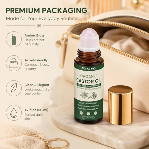 TOGOLIUN Organic Castor Oil Roll-On with Rose Quartz Roller Ball - Unscented, 1.7oz