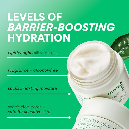 innisfree Green Tea Seed Hyaluronic Acid Cream with Skin Barrier Boosting Complex & Ceramide, Hydrating Korean Face Moisturizer Available in Sets & Jumbo