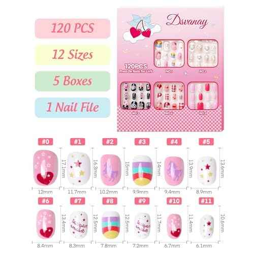 120PCS 5 Pack Press on Nails for Kids,Tweens Girls Soft Fake Nail Kit, Reusable Creative Design kids Nails, Full Cover Glitter Stick on Nails Girl Nails for Kids Ages 8-12