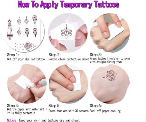 12 Sheets Temporary Henna Tattoos - Waterproof Body Art Stickers