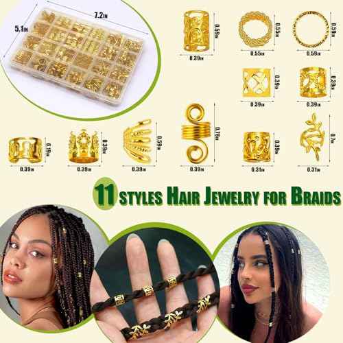 SVNMU 280 Pcs Gold Hair Jewelry for Braids Dreadlock Locs Metal Hair Clips Accessories for Women,Adjustable Hair Cuff Coils Rings Charms Braiding Decoration