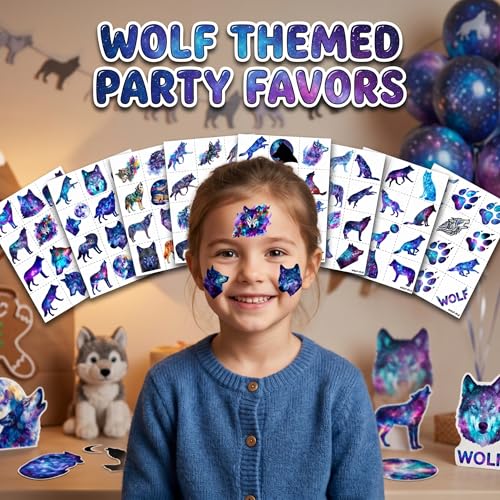 96 PCS Pre-Cut Wolf Temporary Tattoos for Kids