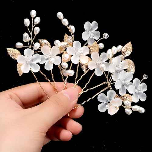 5Pcs Bridal Hair Pins, Peal Flower Hair Pins Gold Wedding Hair Piece Hair Accessories Hair Flowers for Women Girls