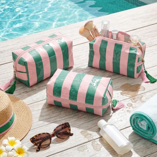 Gilprop 6 Pcs Clear Coated Makeup Bags Pink Green Striped Octagon Style Waterproof Cosmetic Organizer