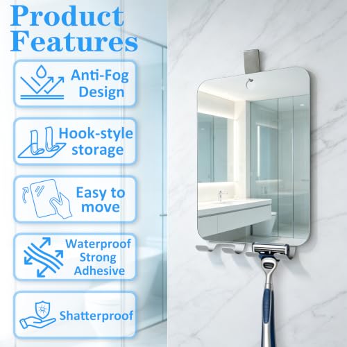 Fogless Shower Mirror with Razor Holders, No-Drill Wall Mount