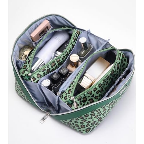 BOYATU Travel Makeup Bags for Women: 3 Pcs Set Large Capacity Leopard Print Cosmetic Organizer Case Carry Your Wild Side - Detachable Toiletry Bag for Full-sized Skincare Bottles (09-Green)