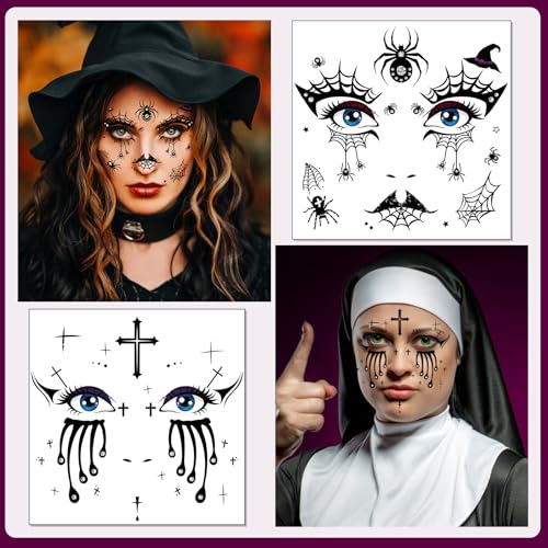 HOWAF Halloween Full Face Tattoos Stickers,Halloween Clown Costume Face Art Temporary Tattoos with Clown Face Spider Webs, Bats, Skeletons for Horror Party Decor, Halloween Black Red Face Tattoos