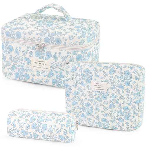 3Pcs Cotton Quilted Makeup Bag for Women Girls, Large Floral Cosmetic Bag Set Cute Makeup Brushes Aesthetic Accessories Storage Bag Travel Toiletry Bag Organizer, Little Flower Blue