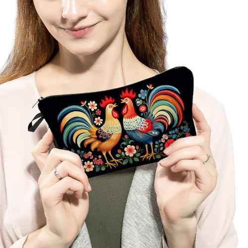 Floral Roosters Makeup Bag Colorful Chicken Small Organizer Bag Zipper Pouch Ethnic Style Roosters Print Cosmetic Bag Present for Women Friends