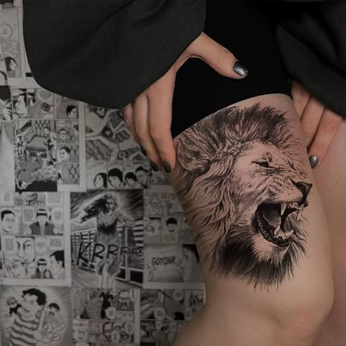2 Sheets Realistic Animal Large Temporary Tattoos Stickers Sketch Lifelike Lion Roar Designs For Men Waterproof Arm Leg Fake Body Art, Gym & Parties Bold Masculine Decals
