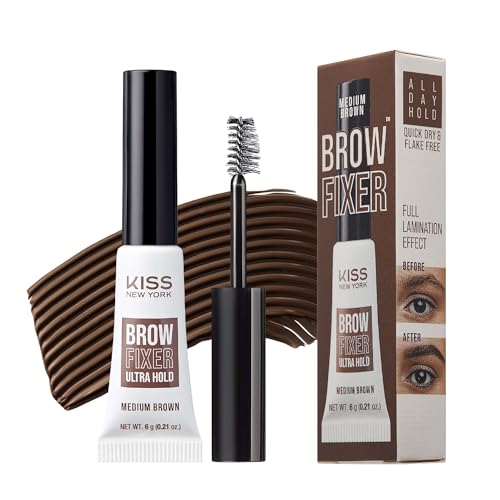 Kiss New York Professional Brow Fixer Glue - Extreme Hold for Sculpted, Transfer Proof, Non-Sticky Finish for Clean Makeup Look, All Day Control (Medium Brown)
