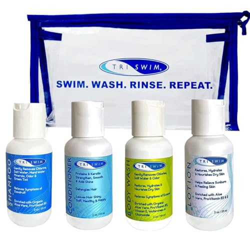 TRISWIM Shot Set in Travel Bag | 2oz Travel Size Chlorine Removal Shampoo, Swimmer¡¯s Conditioner, Swim Body Wash and Lotion | Removes Chlorine, Bromine, Hard Water Minerals & Saltwater and odors