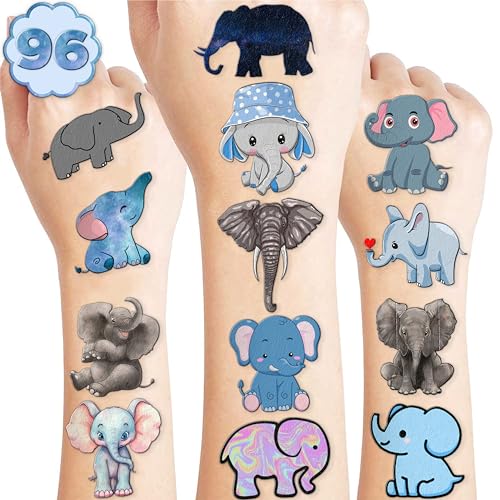 101 PCS Cute Elephant Temporary Tattoos Themed 1st Birthday Party Decorations Supplies Favors Decor Baby Pink Blue Animal Tattoo Stickers Gifts For Boys Girls Classroom School Prizes Carnival Cartoon