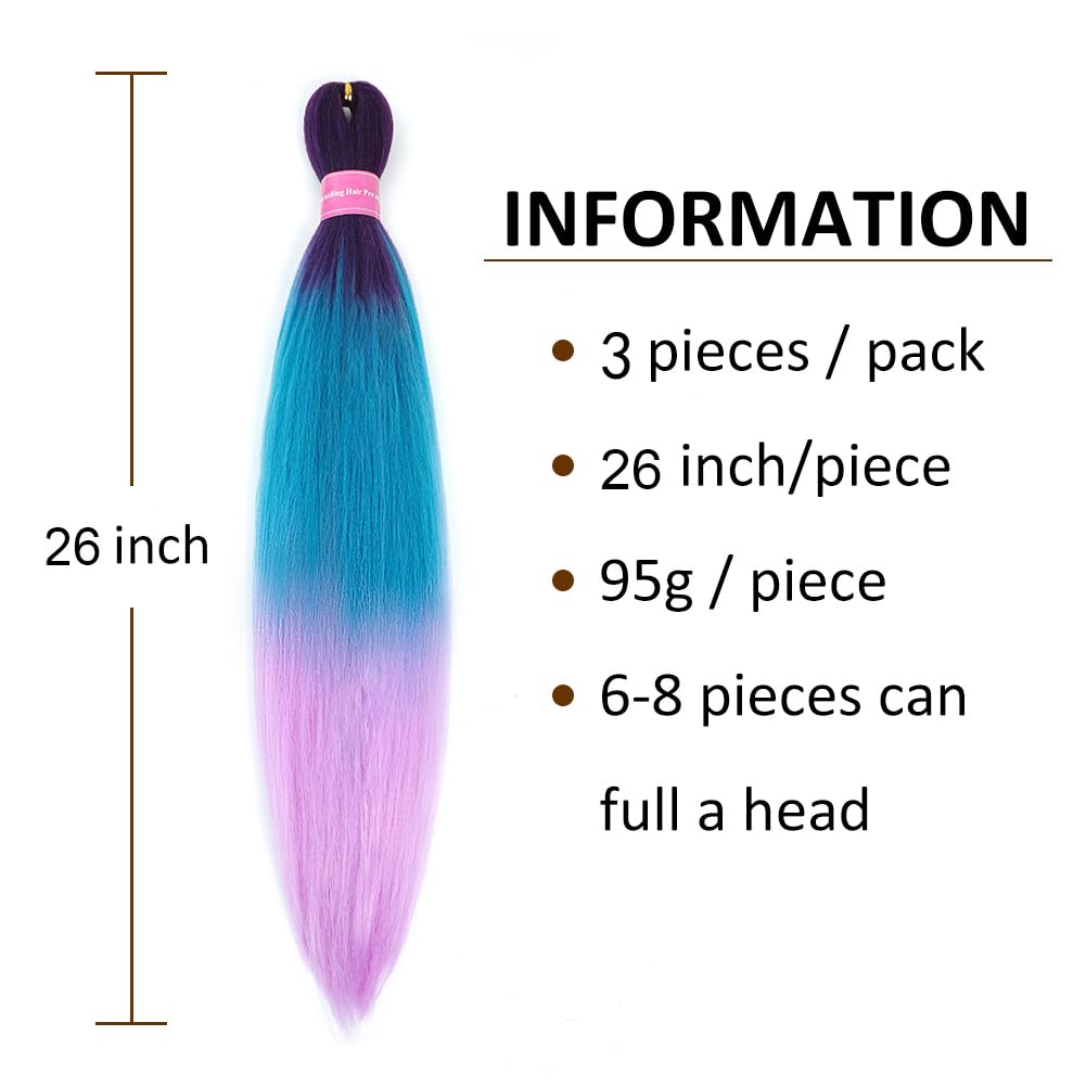 AFNOTE Pre Stretched Braiding Hair Extensions for Braids 26 Inch 3 Packs Ombre Purple Braiding Hair Pre Stretched Synthetic High Temperature Braid Hair Extension-Dark Purple/Lake Blue/Light Purple