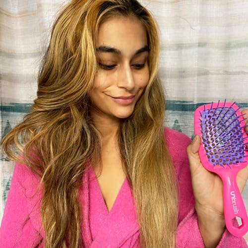 FHI Heat UNbrush Detangling Brush for Pain-Free Brushing on All Wet or Dry Hair Types — Durable DuoFlex Anti-Static Bristles, Lightweight Handle, Vented Hair Brush, Pink Burst