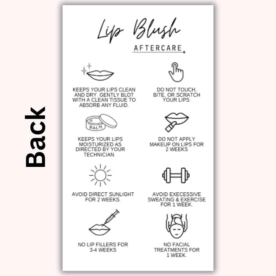 Lip Blush Aftercare Instruction Cards | 50 pack 2 x 3.5 Inch business card size | Lip Blush Permanent Makeup Tattoo Aftercare