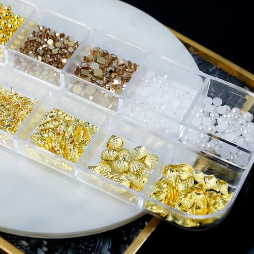 12-Grid Gold Ocean Nail Charms Set - Seashell & Starfish Designs