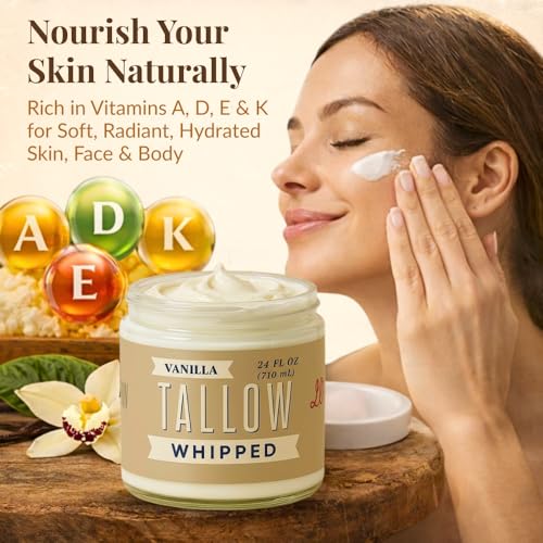 Whipped Tallow 24oz - All Natural Face Cream + Whole Body Moisturizer for Dry Skin - Made With Scented Oil Blend - No Preservatives, Parabens or Seed Oils - USA Made (Vanilla)