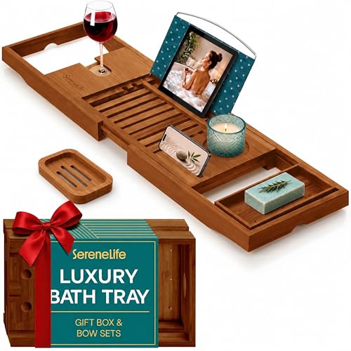 SereneLife Bamboo Bathtub Caddy Tray with Wine Holder
