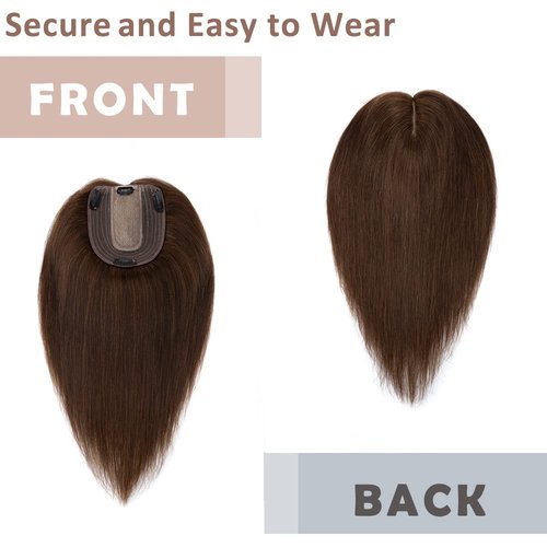 Hairro Hair Topper Human Hair, Clips in 100% Real Hairpieces with 4"x 4.7" Silk Base for Women, for Thin Hair/High Hairline/Covering Greyish Hair on Top, 6 Inch Medium Brown