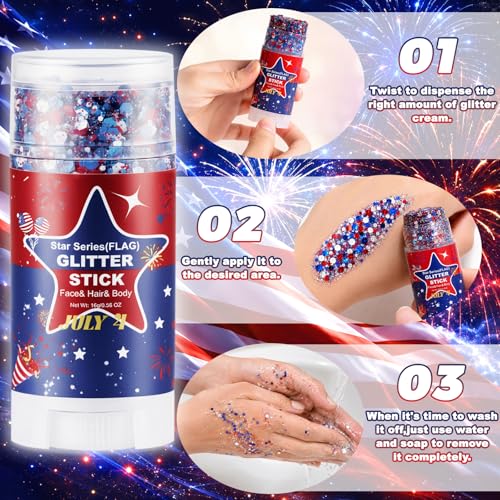 Red White Blue Glitter Stick for Face, Body & Hair
