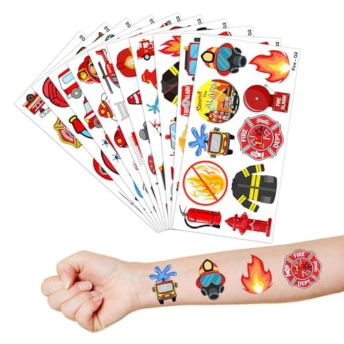 100 PCS Firetruck Fire Truck Firefighter Fireman Temporary Tattoos Themed Birthday Party Decorations Supplies Favors Decor Firehouse Stickers Cute Gifts for Games Boys Girls School Rewards Carnival