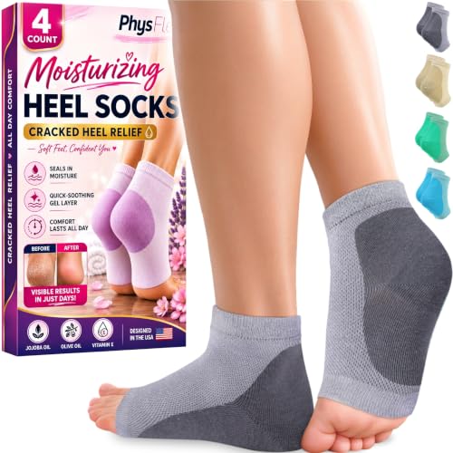 PhysFlex Gray Moisturizing Heel Socks for Dry Cracked Feet - 4 Pack, Overnight Foot Care Spa & Pedicure Socks