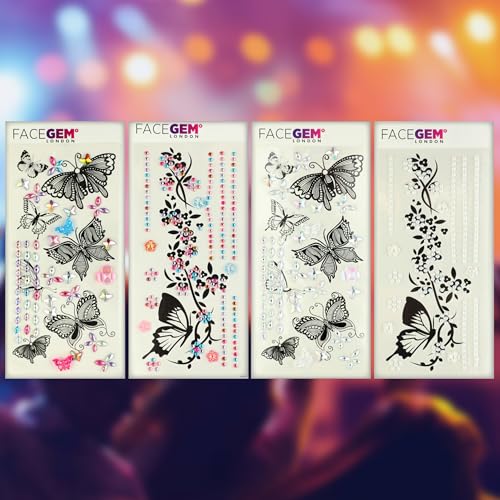4 Sheet Temporary Tattoos - 4 Sheets Large Butterfly Fake Tattoos with Rhinestones - Temporary Tattoos for Women and Girls ? Waterproof Tattoos for adults, Semi Permanent Transfer Tattoo