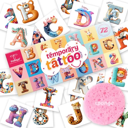 72 PCS Individually Wrapped Temporary Tattoos - ABC Animal & Wildlife Designs, Pre-Cut for Birthday Party Favors & Creative Expression