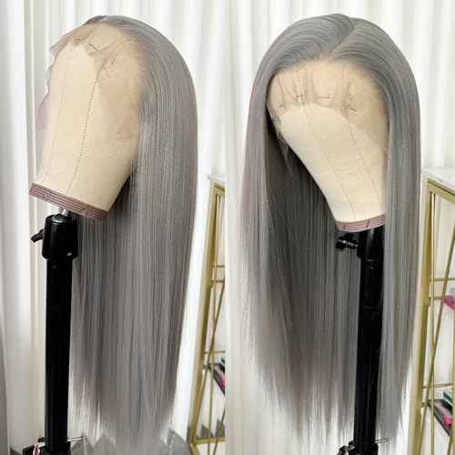 Long Gray Synthetic Lace Front Wigs Glueless Pre Plucked Heat Resistant Fiber Hair Straight Lace Front Wigs for Black Women 13 * 6 Frontal Lace Wigs
