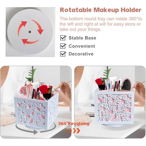 360 Rotating Makeup Brush Holder with Butterfly Cutout, Pink Makeup Brush Organizer for Vanity - 4 Compartment Spinning Wooden Desk Organizer for Pens, Lipsticks, Eyebrow Pencils