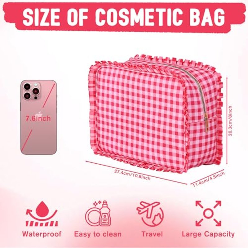 Large Gingham Ruffle Makeup Bag for Women - Travel Cosmetic Organizer