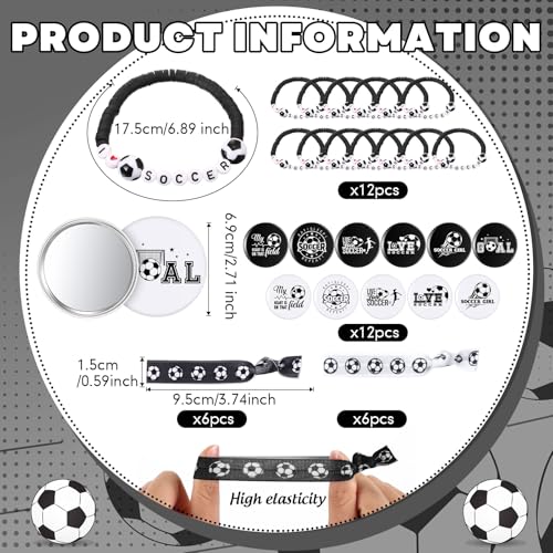 Baderke 72 Pcs Soccer Accessories Gifts Include 12 Make up Bags 12 Mirrors 12 Acrylic Keychains 12 Bracelet 12 Scrunchies 12 Hair Ties Team Gifts for Soccer Party Favor (Classic)