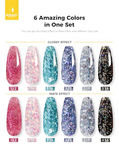 BURANO 6-Color Poly Extension Gel Kit - Glitter Builder Gel Starter Set