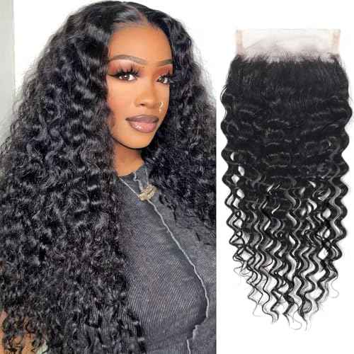 4x4 HD Lace Closure Human Hair Deep Wave Closure Free Part 20 Inch 100% Unprocessed Brazilian Virgin Human Hair Extensions Pre Plucked 150% Density Natural Black