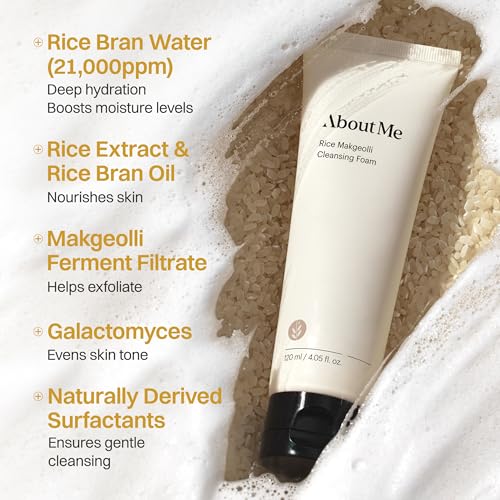 About Me Rice Makgeolli Cleansing Foam - Low pH Fermented Rice Face Wash for Sensitive Skin, Galactomyces & Centella, Bran Water Base, Non-Stripping Foaming Cleanser, Fragrance Free, 4.06 fl oz