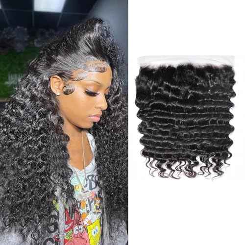 Deep Wave Frontal 13 x 4 HD Transparent Lace Frontals With Bangs Baby Hair 100% Remy Human Hair 150% Density Natural Color (13x4 Lace Frontal- Deep Wave, 20 Inch)