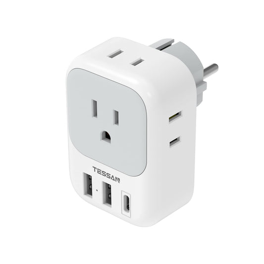 TESSAN Type E F Plug Adapter, Germany France Power Adapter with 3 USB Ports(1 USB C), 4 AC Outlets Travel Converter Plug Adaptor for US to Europe EU Spain Iceland Korea Greece Russia German French