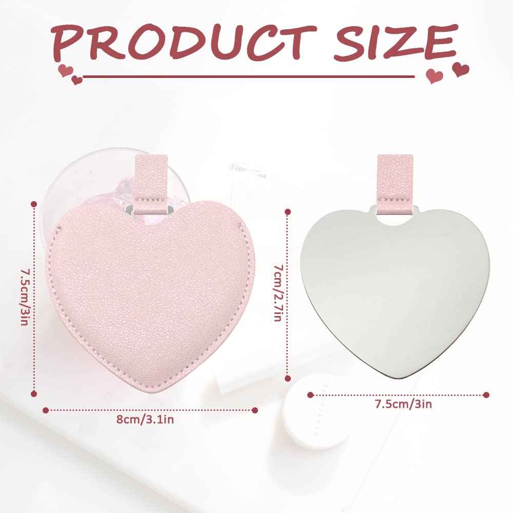 SNOMEL Compact Stainless Steel Mirror, Heart Shaped Shatterproof Pocket Mirror with PU Leather Sleeve, Mini Unbreakable Purse Mirror Portable for Travel Makeup Bag, for Women Girls, Pink