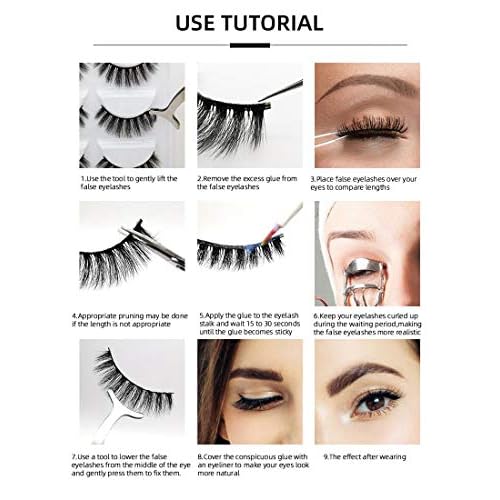 Synthetic Mink False Eyelashes, 3 Pairs, Strip Adhesive, Black (Green)