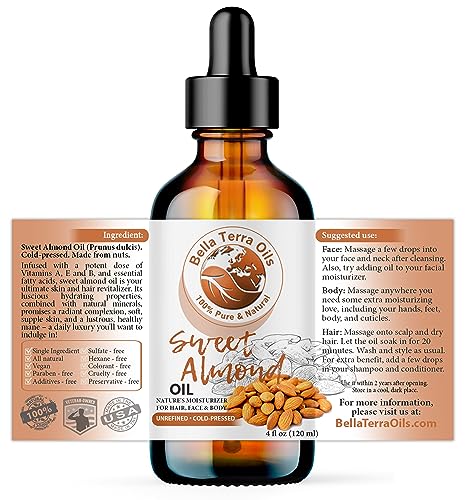 Bella Terra Oils - Organic Sweet Almond Oil 2oz - Unlock Almond's Vitamin-Enriched Goodness, Abundant in Beneficial Fatty Acids, Ultimate Skin Indulgence